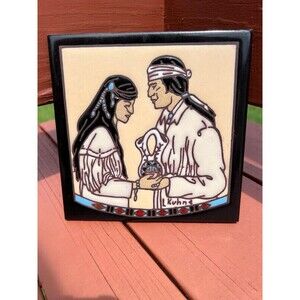 Vintage Earthtones Leone Kuhne Native American Art Tile Trivet 1990